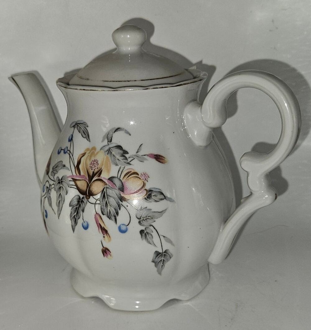 Vintage Floral Porcelain Coffee Pot Teapot Scroll Handle Lidded White China
